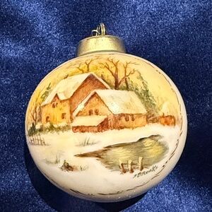 Hand painted Homestead winter scene signed J Brooks Christmas Tree Ornament 1985
